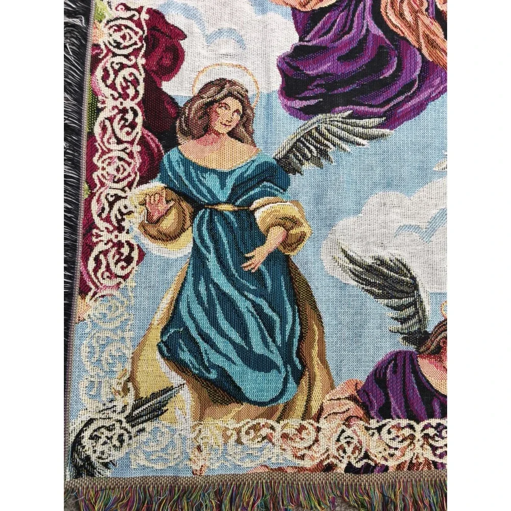 Vintage Angel Tapestry Throw Blanket Woven Fringe Religious Christian 54x46